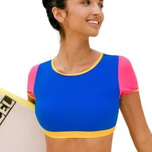 Cupshe Women's Blue Colorblock Round Neck Rashguard & Banded High Rise Bikini M‎